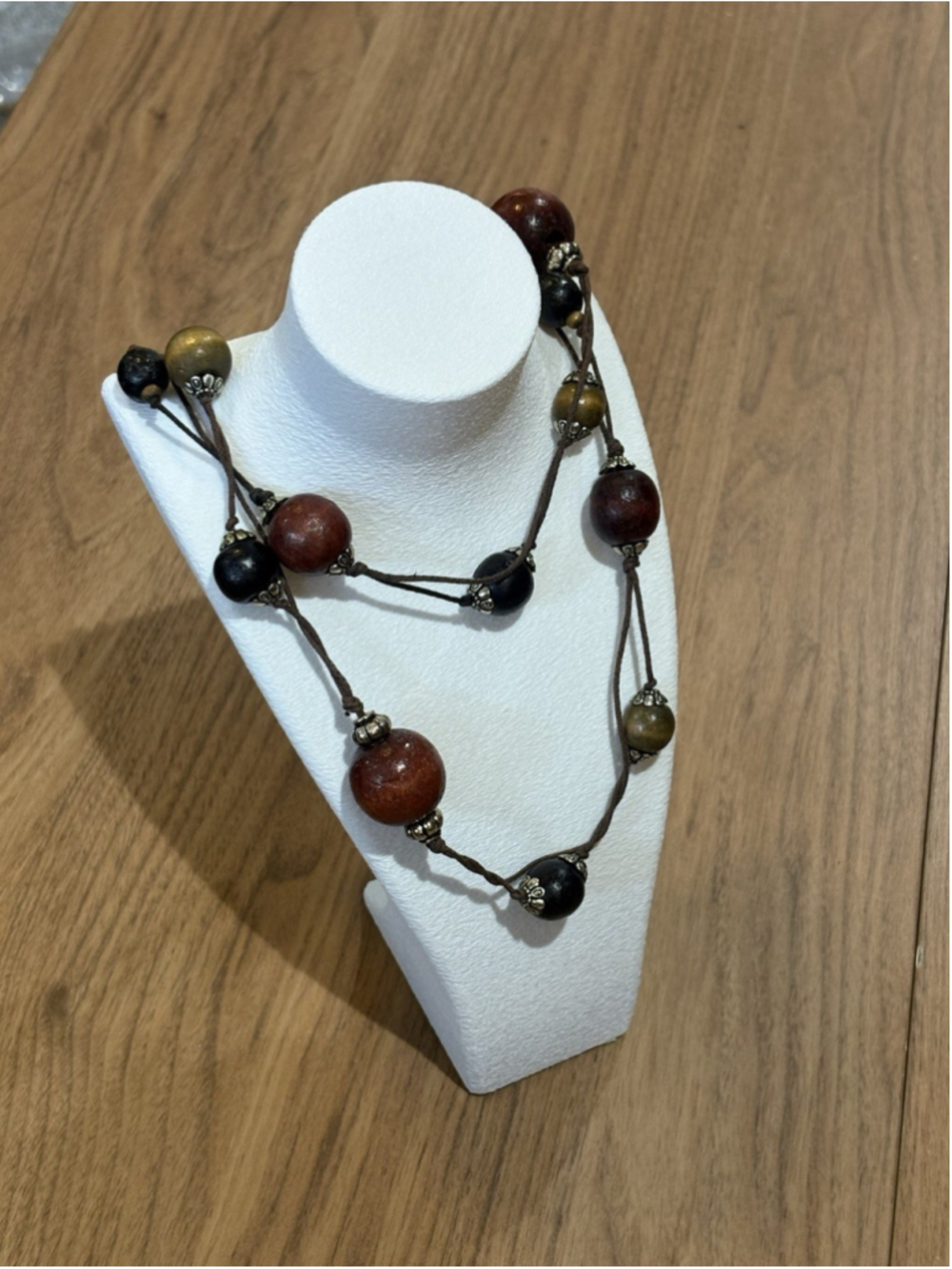 Boho Brown Black Bead Cord Necklace Long Earth Tone Costume Jewelry